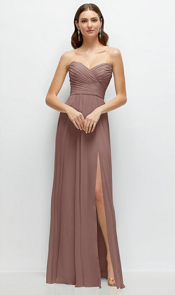 Front View - Sienna Strapless Pleated Surplice Chiffon Maxi Dress with A-Line Skirt