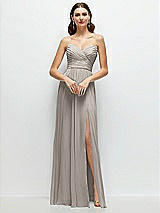 Front View Thumbnail - Taupe Strapless Pleated Surplice Chiffon Maxi Dress with A-Line Skirt