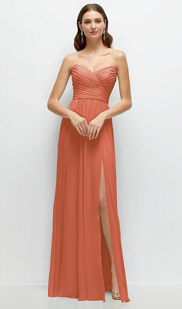 Front View - Terracotta Copper Strapless Pleated Surplice Chiffon Maxi Dress with A-Line Skirt