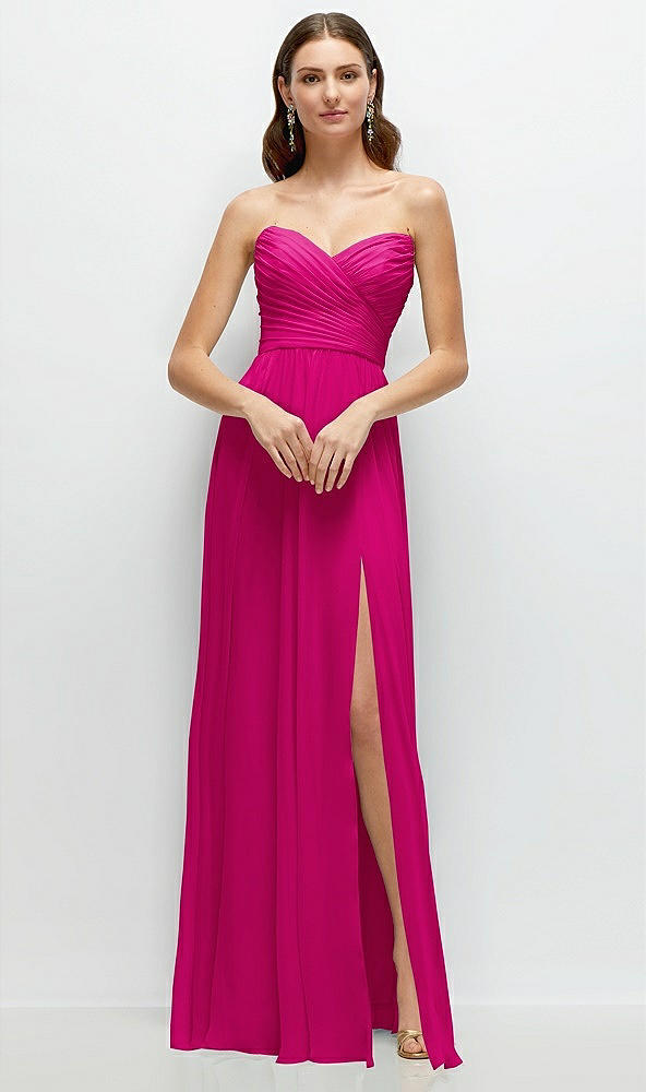 Front View - Think Pink Strapless Pleated Surplice Chiffon Maxi Dress with A-Line Skirt