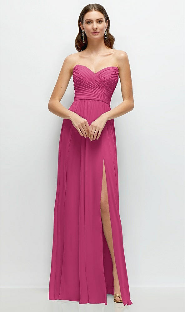 Front View - Tea Rose Strapless Pleated Surplice Chiffon Maxi Dress with A-Line Skirt