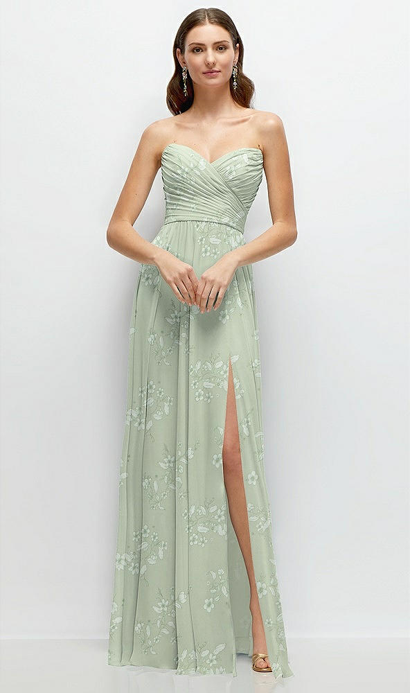 Front View - Vintage Primrose Sage Strapless Pleated Surplice Chiffon Maxi Dress with A-Line Skirt