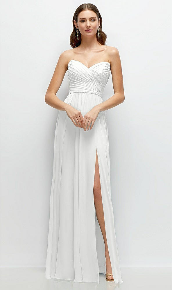 Front View - White Strapless Pleated Surplice Chiffon Maxi Dress with A-Line Skirt