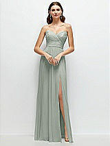 Front View Thumbnail - Willow Green Strapless Pleated Surplice Chiffon Maxi Dress with A-Line Skirt