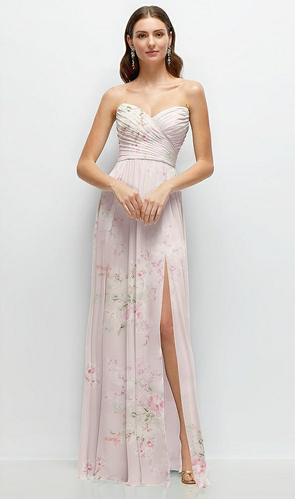 Front View - Watercolor Print Strapless Pleated Surplice Chiffon Maxi Dress with A-Line Skirt