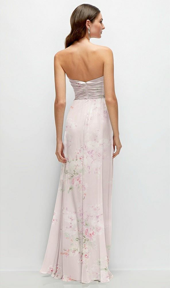 Back View - Watercolor Print Strapless Pleated Surplice Chiffon Maxi Dress with A-Line Skirt