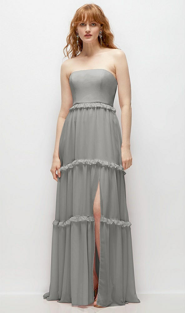 Front View - Chelsea Gray Strapless Chiffon Maxi Dress with Tiered Micro Ruffle Full Skirt