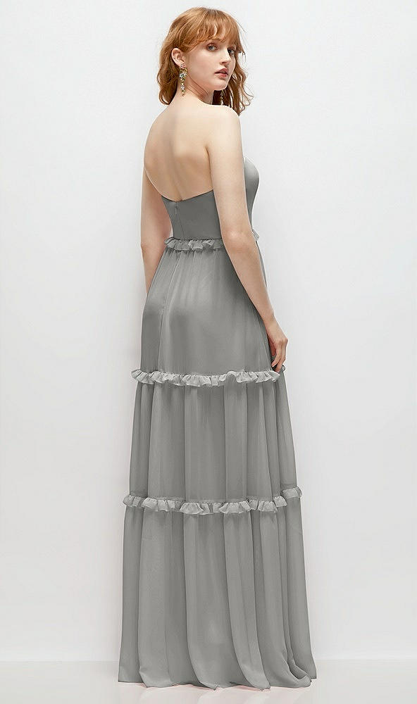 Back View - Chelsea Gray Strapless Chiffon Maxi Dress with Tiered Micro Ruffle Full Skirt