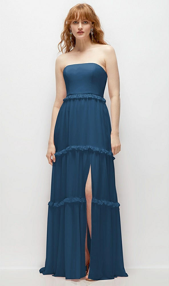 Front View - Dusk Blue Strapless Chiffon Maxi Dress with Tiered Micro Ruffle Full Skirt