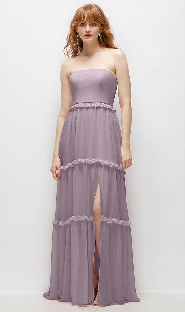 Front View - Lilac Dusk Strapless Chiffon Maxi Dress with Tiered Micro Ruffle Full Skirt