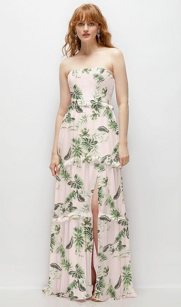 Front View - Palm Beach Print Strapless Chiffon Maxi Dress with Tiered Micro Ruffle Full Skirt