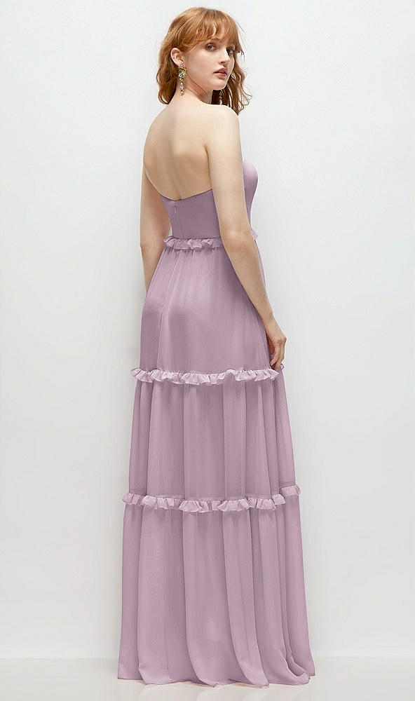 Back View - Suede Rose Strapless Chiffon Maxi Dress with Tiered Micro Ruffle Full Skirt