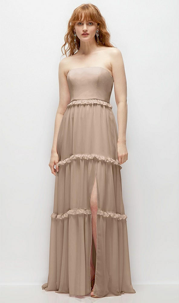 Front View - Topaz Strapless Chiffon Maxi Dress with Tiered Micro Ruffle Full Skirt