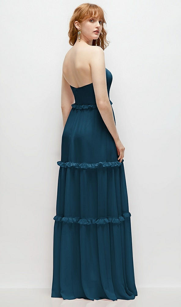 Back View - Atlantic Blue Strapless Chiffon Maxi Dress with Tiered Micro Ruffle Full Skirt