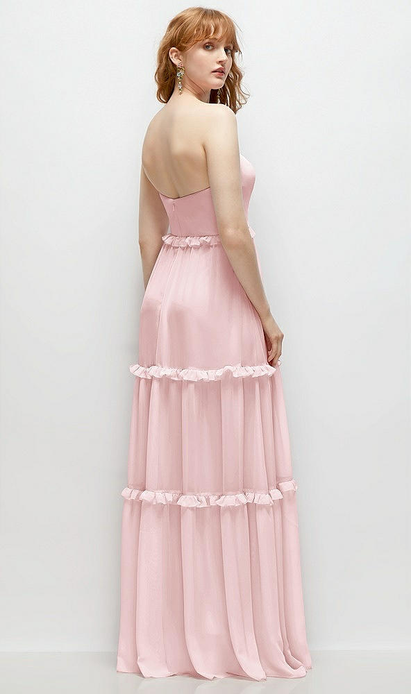 Back View - Ballet Pink Strapless Chiffon Maxi Dress with Tiered Micro Ruffle Full Skirt