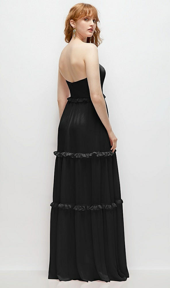 Back View - Black Strapless Chiffon Maxi Dress with Tiered Micro Ruffle Full Skirt