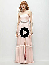 Video 1 Thumbnail - Blush Garden Strapless Chiffon Maxi Dress with Tiered Micro Ruffle Full Skirt