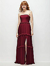 Front View Thumbnail - Burgundy Strapless Chiffon Maxi Dress with Tiered Micro Ruffle Full Skirt