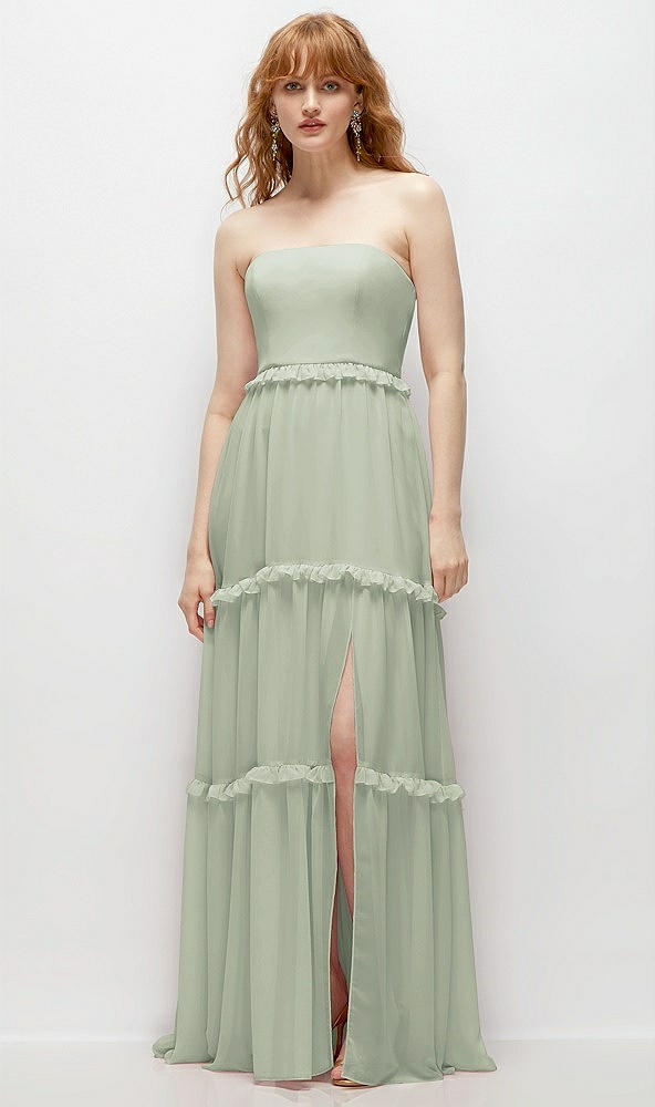 Front View - Celadon Strapless Chiffon Maxi Dress with Tiered Micro Ruffle Full Skirt