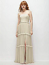 Front View Thumbnail - Champagne Strapless Chiffon Maxi Dress with Tiered Micro Ruffle Full Skirt