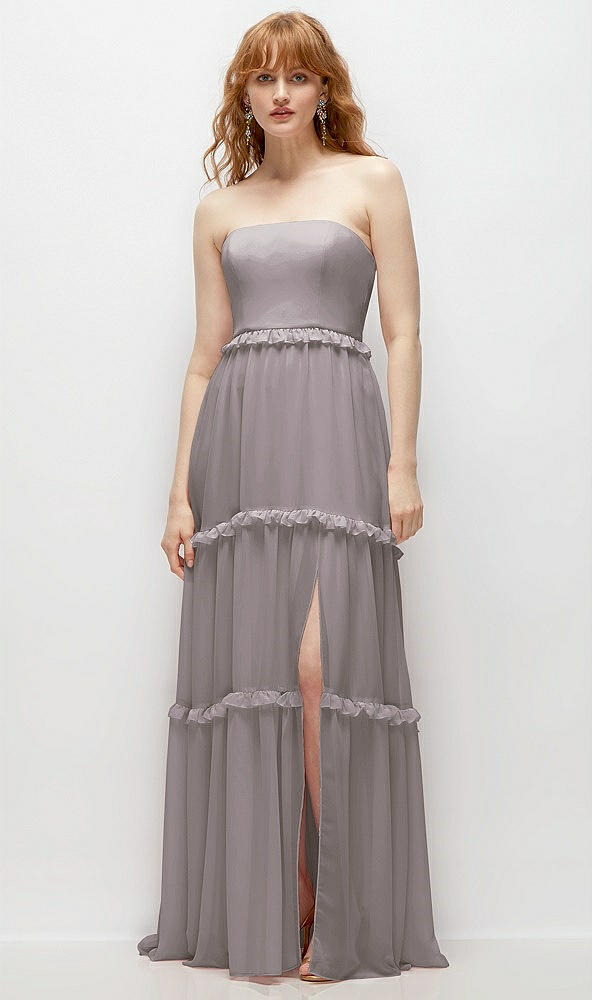 Front View - Cashmere Gray Strapless Chiffon Maxi Dress with Tiered Micro Ruffle Full Skirt