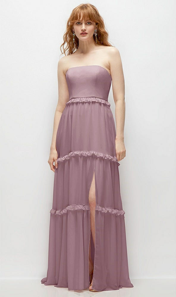 Front View - Dusty Rose Strapless Chiffon Maxi Dress with Tiered Micro Ruffle Full Skirt