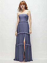 Front View Thumbnail - French Blue Strapless Chiffon Maxi Dress with Tiered Micro Ruffle Full Skirt