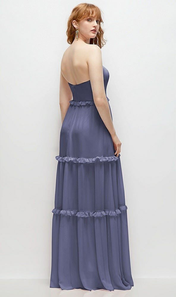 Back View - French Blue Strapless Chiffon Maxi Dress with Tiered Micro Ruffle Full Skirt