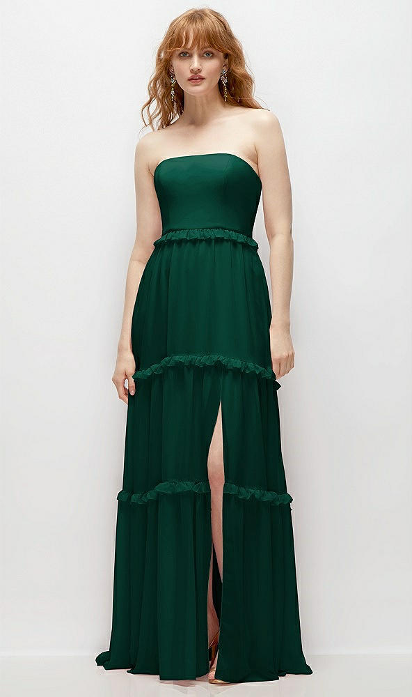 Front View - Hunter Green Strapless Chiffon Maxi Dress with Tiered Micro Ruffle Full Skirt