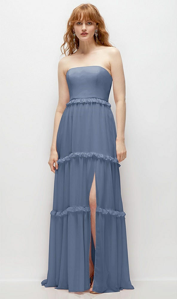 Front View - Larkspur Blue Strapless Chiffon Maxi Dress with Tiered Micro Ruffle Full Skirt