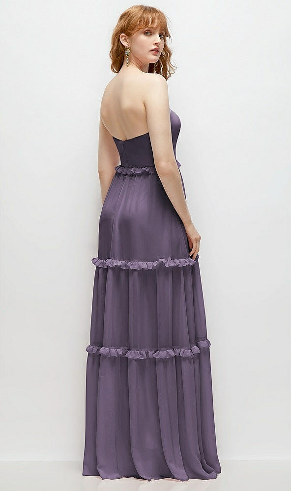 Back View - Lavender Strapless Chiffon Maxi Dress with Tiered Micro Ruffle Full Skirt