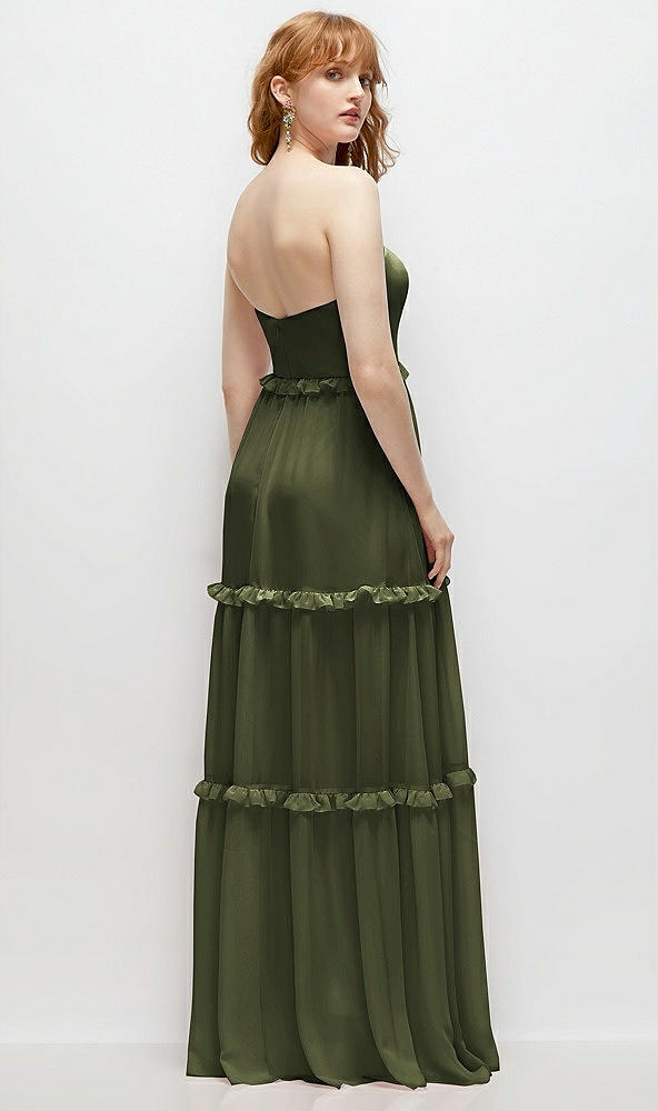 Back View - Olive Green Strapless Chiffon Maxi Dress with Tiered Micro Ruffle Full Skirt