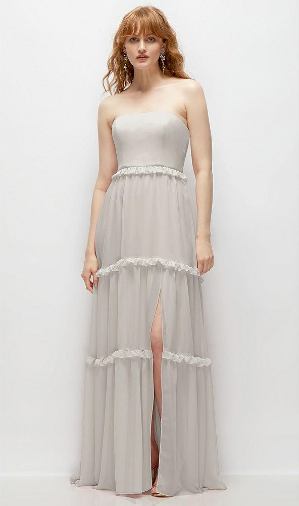 Front View - Oyster Strapless Chiffon Maxi Dress with Tiered Micro Ruffle Full Skirt