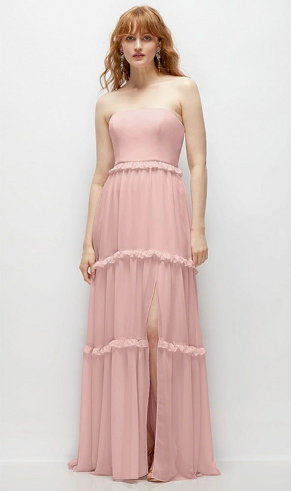 Front View - Rose - PANTONE Rose Quartz Strapless Chiffon Maxi Dress with Tiered Micro Ruffle Full Skirt