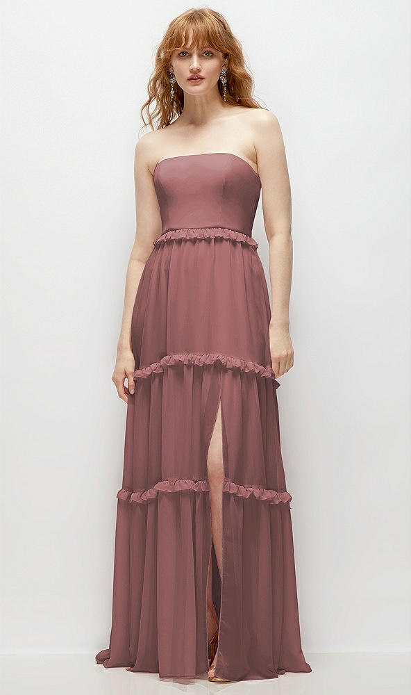 Front View - Rosewood Strapless Chiffon Maxi Dress with Tiered Micro Ruffle Full Skirt