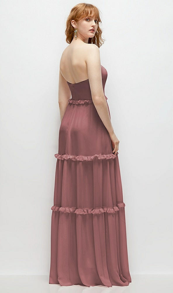 Back View - Rosewood Strapless Chiffon Maxi Dress with Tiered Micro Ruffle Full Skirt