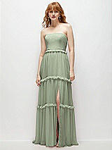 Front View Thumbnail - Sage Strapless Chiffon Maxi Dress with Tiered Micro Ruffle Full Skirt