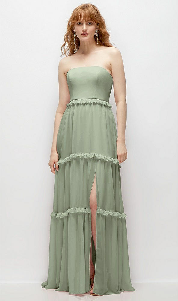 Front View - Sage Strapless Chiffon Maxi Dress with Tiered Micro Ruffle Full Skirt