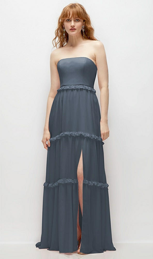 Front View - Silverstone Strapless Chiffon Maxi Dress with Tiered Micro Ruffle Full Skirt