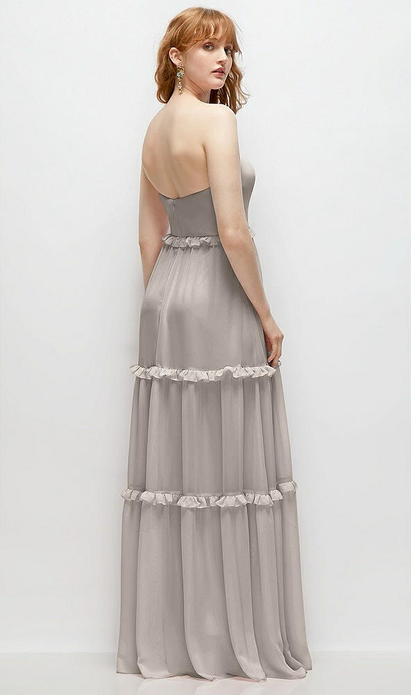 Back View - Taupe Strapless Chiffon Maxi Dress with Tiered Micro Ruffle Full Skirt