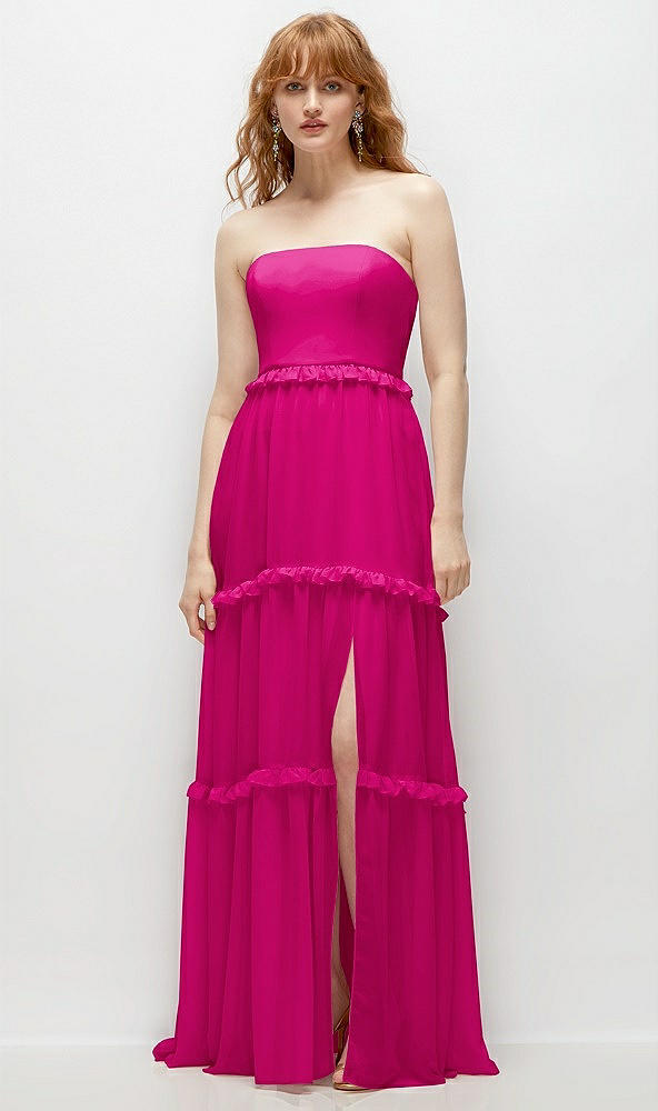 Front View - Think Pink Strapless Chiffon Maxi Dress with Tiered Micro Ruffle Full Skirt