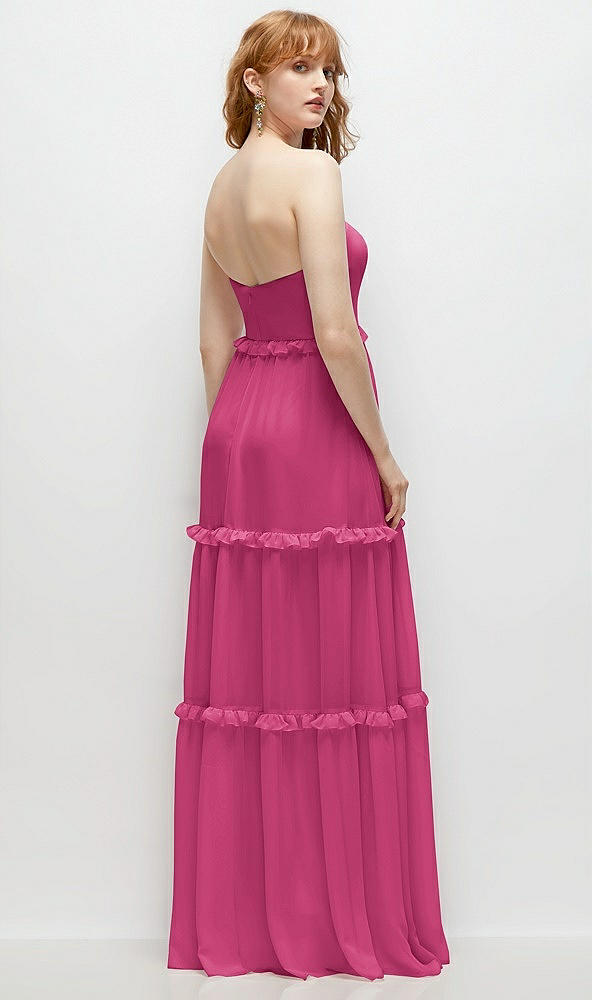 Back View - Tea Rose Strapless Chiffon Maxi Dress with Tiered Micro Ruffle Full Skirt