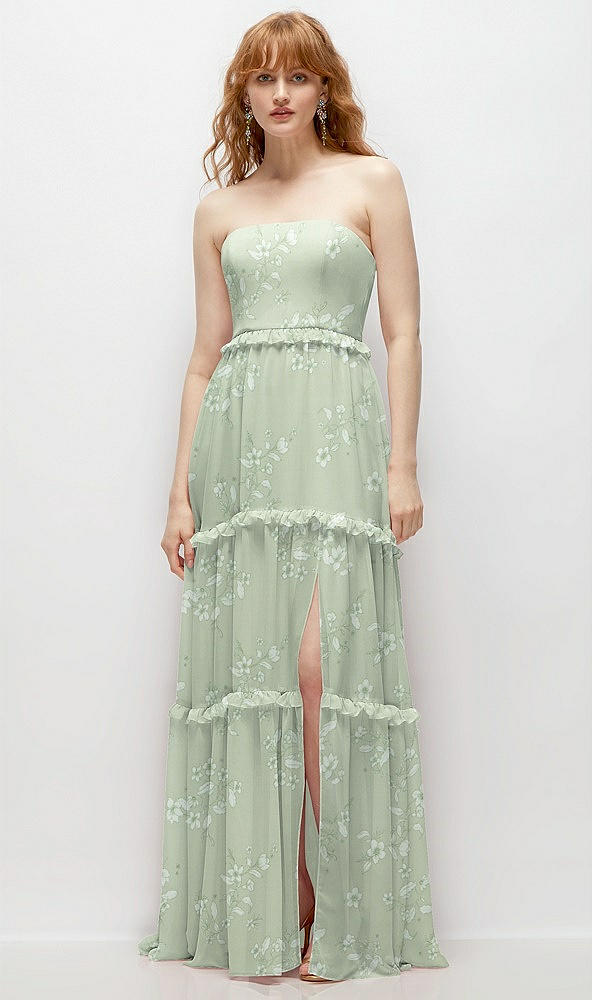 Front View - Vintage Primrose Sage Strapless Chiffon Maxi Dress with Tiered Micro Ruffle Full Skirt