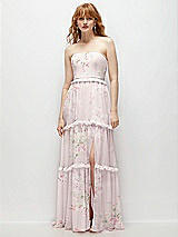 Front View Thumbnail - Watercolor Print Strapless Chiffon Maxi Dress with Tiered Micro Ruffle Full Skirt