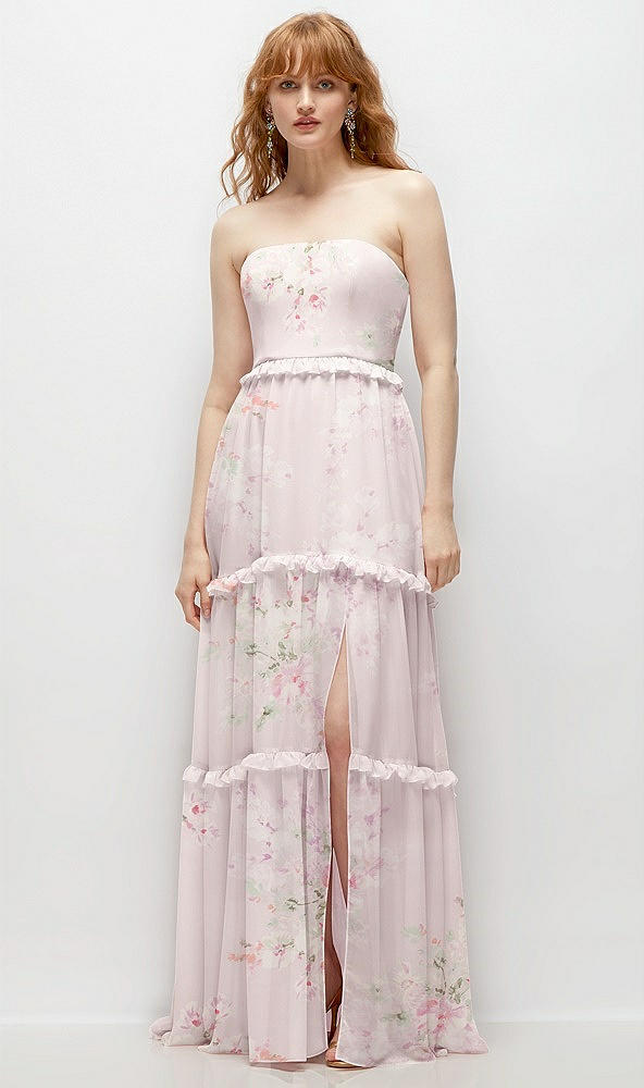 Front View - Watercolor Print Strapless Chiffon Maxi Dress with Tiered Micro Ruffle Full Skirt