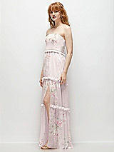 Side View Thumbnail - Watercolor Print Strapless Chiffon Maxi Dress with Tiered Micro Ruffle Full Skirt