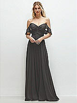 Alt View 1 Thumbnail - Caviar Gray Convertible Ruffle Strap Chiffon Maxi Dress with Full Circle Skirt