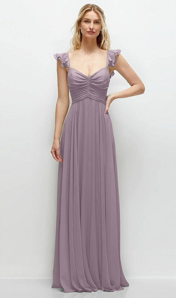 Front View - Lilac Dusk Convertible Ruffle Strap Chiffon Maxi Dress with Full Circle Skirt