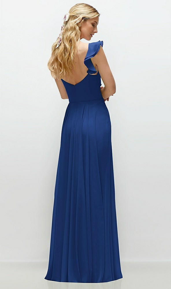 Back View - Classic Blue Convertible Ruffle Strap Chiffon Maxi Dress with Full Circle Skirt