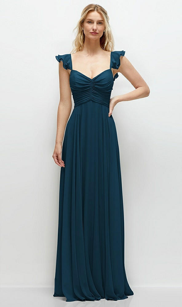 Front View - Atlantic Blue Convertible Ruffle Strap Chiffon Maxi Dress with Full Circle Skirt